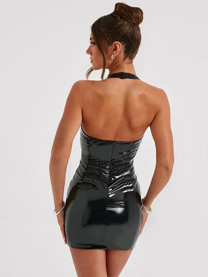 Sexy Slim Short Streetwear Women Clothing Fashions One-Piece V-Neck Sleeveless Dress for Women Colour PU Neck-Mounted Dresses