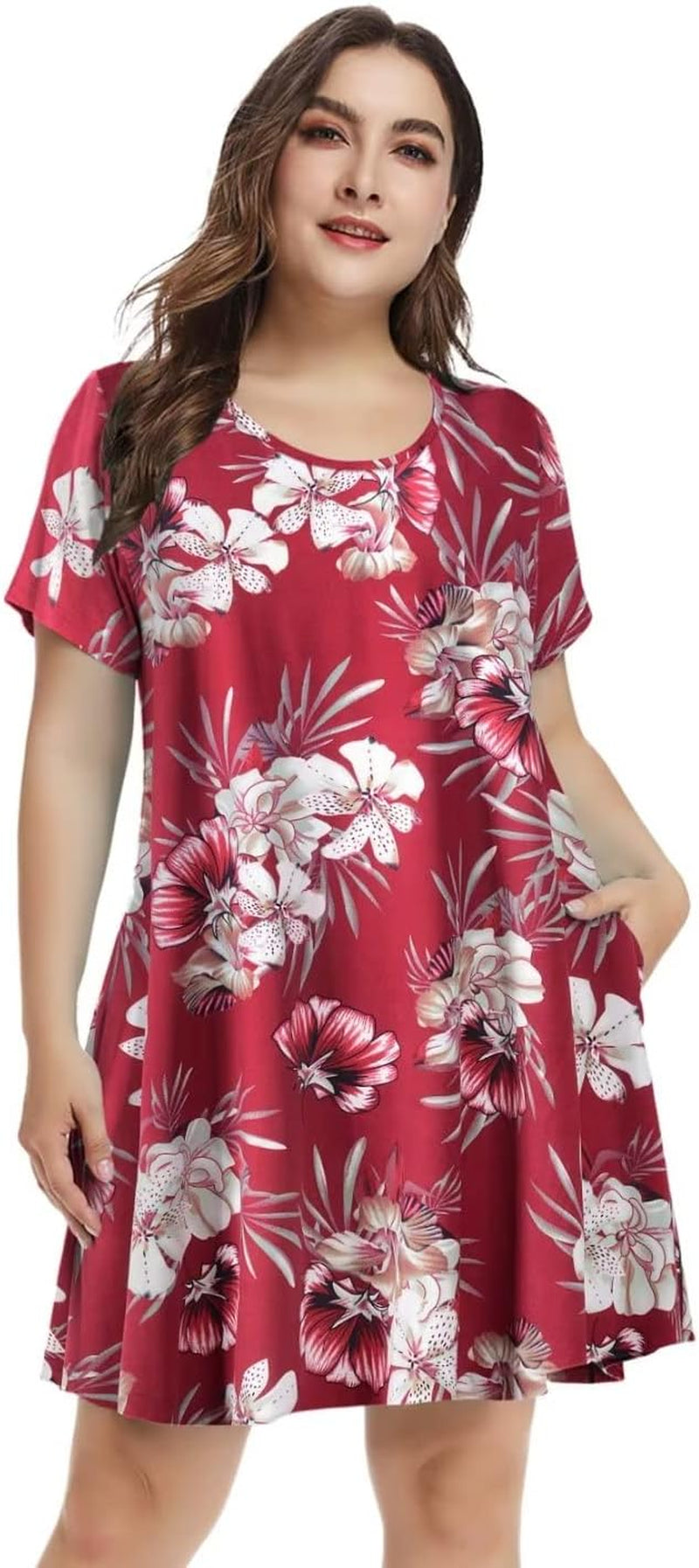 plus Size Dresses for Womens Summer Clothes Casual Floral Tops Short Sleeve T Shirt Dress Swing Sleepwear(A-Winered18 S)